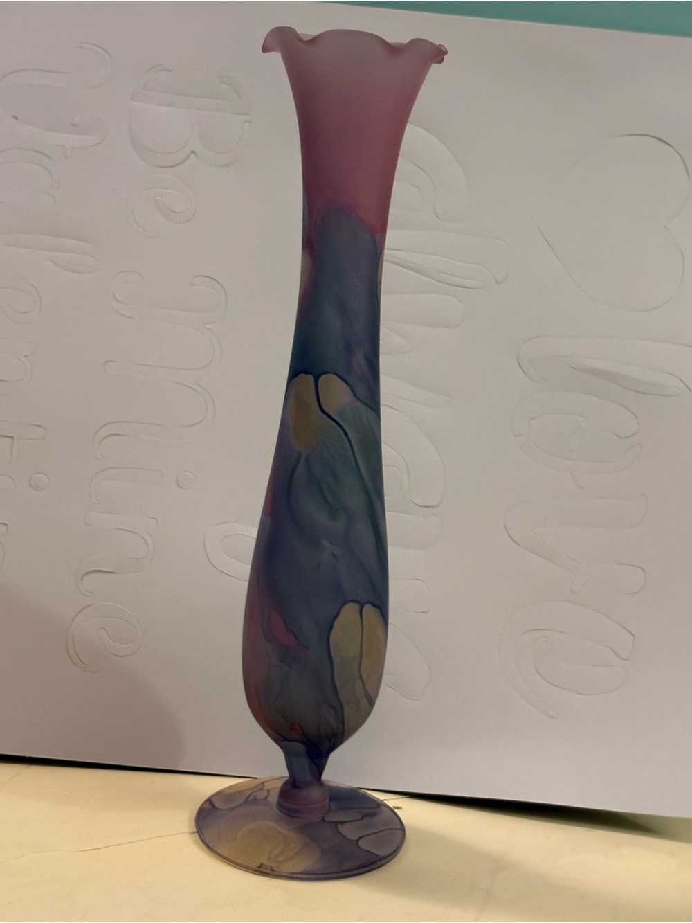 10” Frosted Art Glass Bud Vase in Pink, Purple and Blue  Fluted Ruffle Rim